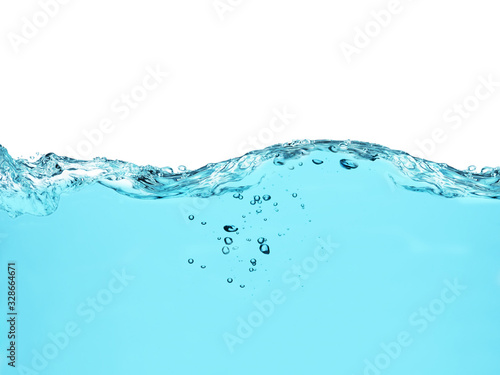 blue water surface with splash  waves and air bubbles on white background