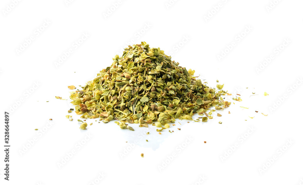Pile of dried oregano leaves isolated on white background Pile of dried oregano leaves isolated on white background