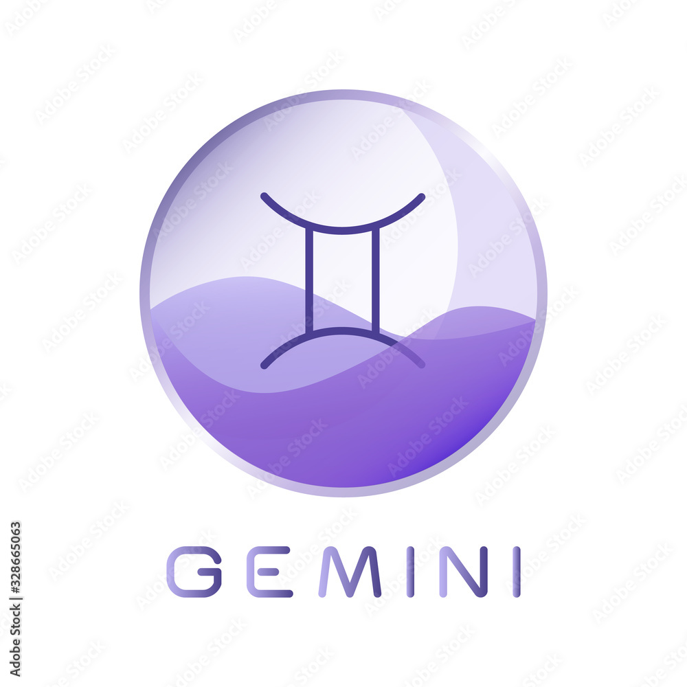 Gemini sign icon. Zodiac sign encapsulated in violet glass ball with sign name isolated on white background Gemini sign icon. Zodiac sign encapsulated in violet glass ball with sign name isolated on white background