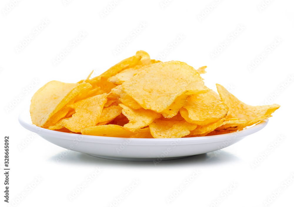 White plate of crisps snack on white background isolation White plate of crisps snack on white background isolation