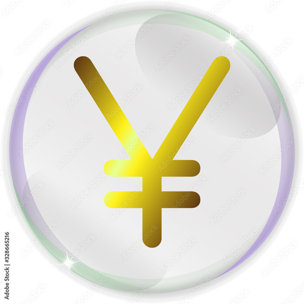 Obraz premium Illustration of simple and realistic Japanesse yen currency sign or symbol with gold gradient closed in transparent soap bubble for business, financial, banking and web projects and designs.