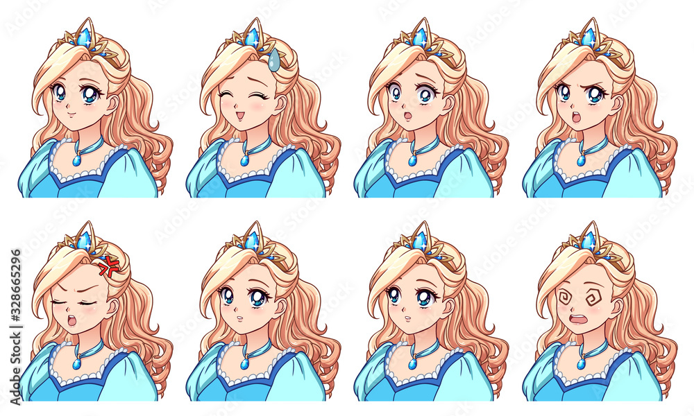 A set of cute anime princess with different expressions. Blonde hair, big blue eyes, blue dress. A set of cute anime princess with different expressions. Blonde hair, big blue eyes, blue dress.