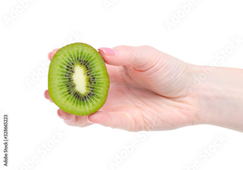 Half kiwi sweet fruit in hand on white background isolation