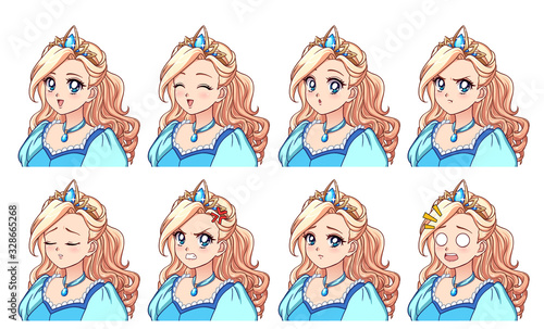 A set of cute anime princess with different expressions. Blonde hair, big blue eyes, blue dress.