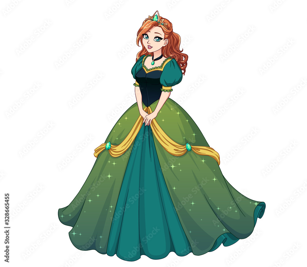 Pretty cartoon princess standing and wearing green ball dress. Red curly  hair, big blue eyes. Stock Vector | Adobe Stock