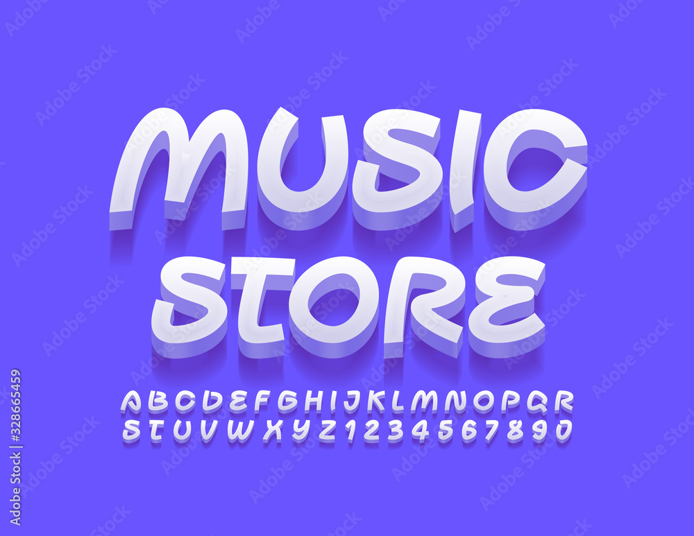Vector creative banner Music Store. Handwritten 3D Font. Modern Alphabet Letters and Numbers