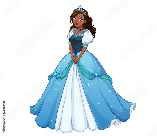 Pretty cartoon princess standing and wearing blue ball dress. Black curly hair, big brown eyes. Hand drawn vector illustration isolated on white background.