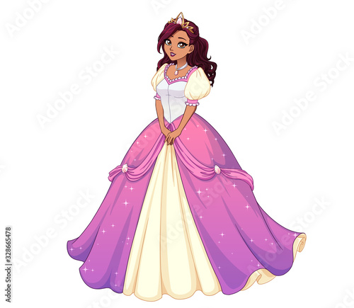 Pretty cartoon princess standing and wearing pink ball dress. Dark curly hair, big brown eyes.
