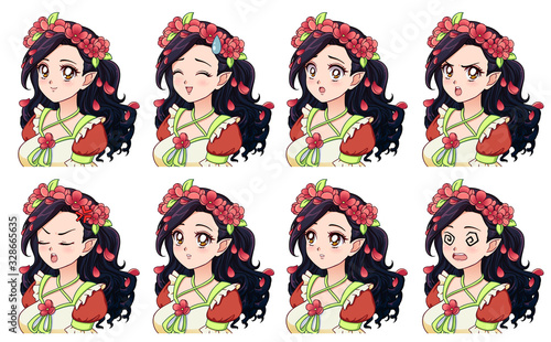 A set of cute anime elf with different expressions.
