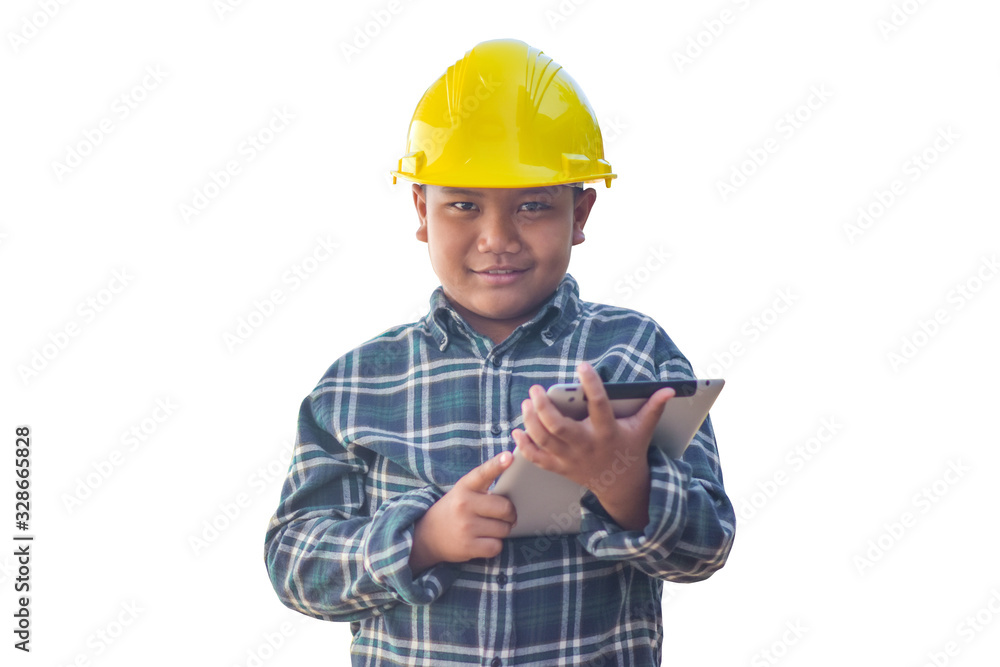 Boy kid hold tablet use hard hat engineer white background