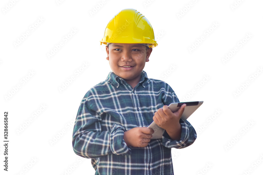 Boy kid hold tablet use hard hat engineer white background Boy kid hold tablet use hard hat engineer white background