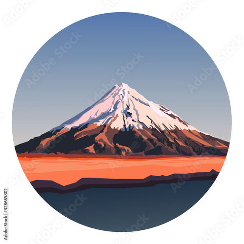 Mountain vector illustration landscape mature silhouette element outdoor icon snow ice top. Concept adventure landscape. Wanderlust and camping. Round logo. photo