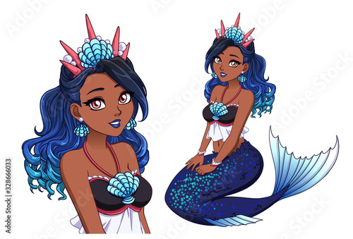 Pretty cartoon mermaid princess with curly blue hair, dark skin, shiny blue fish tail and wearing shell crown.