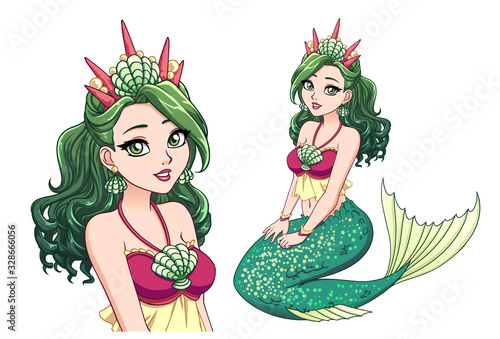 Pretty cartoon mermaid princess with curly green hair and shiny green fish tail and wearing shell crown. Hand drawn vector illustration isolated on white.