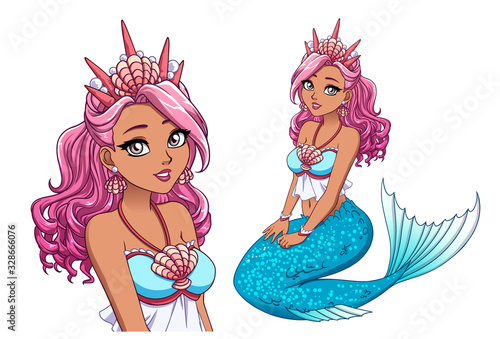 Pretty cartoon mermaid princess with curly pink hair, dark skin and shiny blue fish tail, wearing shell crown.