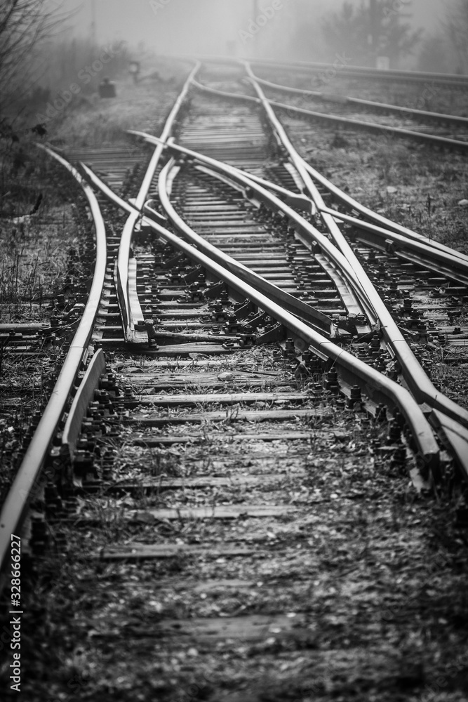 Fototapeta premium Railroad Track Switches in fog