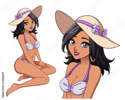 Pretty cartoon girl with dark skin, black hair and wearing summer hat and violet bikini. Hand drawn vector illustration isolated on white.