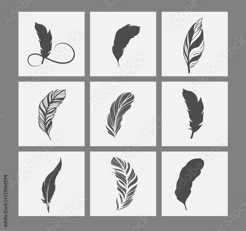 A large set of feathers for writing. Happy Writer Day, community of writers. Vintage feather flat vector icon