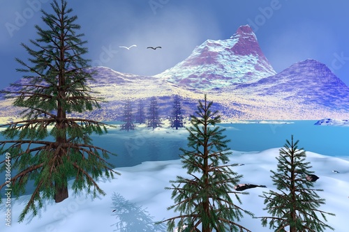 Alpine landscape with coniferous trees  snowy mountains and birds in the sky.