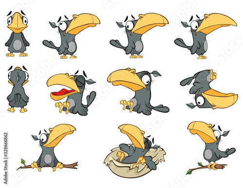 Vector Set Illustration of a Cute Cartoon Character Raven for you Design and Computer Game