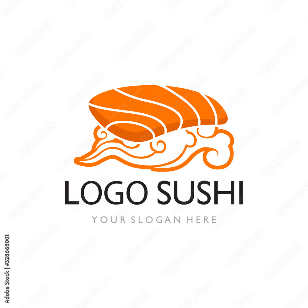 Sushi logo template for Japanese food cafe with salmon sushi Sushi logo template for Japanese food cafe with salmon sushi