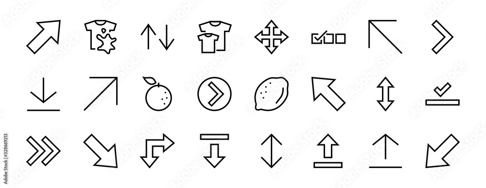 Set of line arrows, directions, arrows, contains icons such as pause, continuation, directly, to the right, Editable stroke. 480x480, On a white background, Vector illustration Set of line arrows, directions, arrows, contains icons such as pause, continuation, directly, to the right, Editable stroke. 480x480, On a white background, Vector illustration