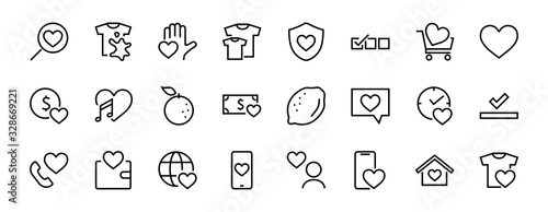 The set of icons about love contains such icons as love of music, declaration of love, heart, favorite home, Linear set. Vector on a white background. Editable stroke. 480x480