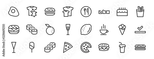   A simple set of fast food icons related to the vector line. Contains icons such as pizza, burger, sushi, bike, scrambled eggs and more. EDITABLE stroke. 480x480 pixels perfect, EPS 10