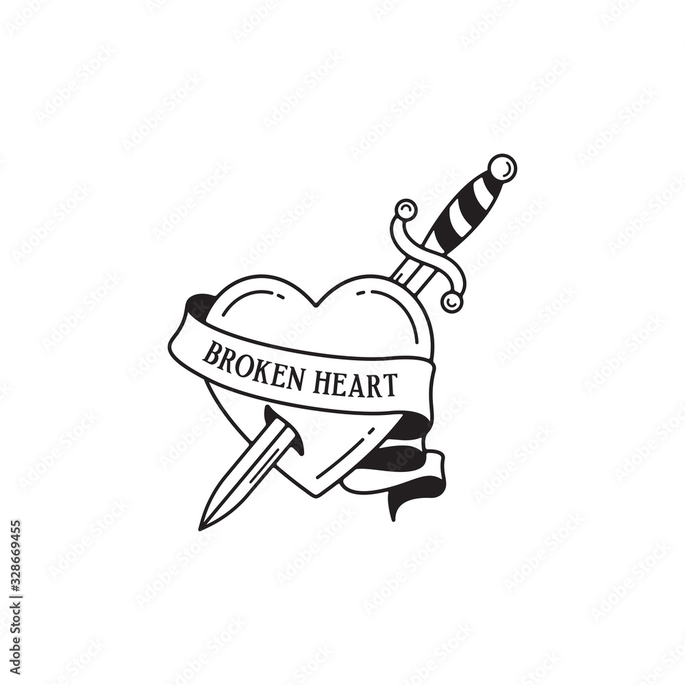 Old school tattoo emblem label with dagger heart symbols and wording broken  heart. Traditional tattooing style ink. Stock Vector | Adobe Stock