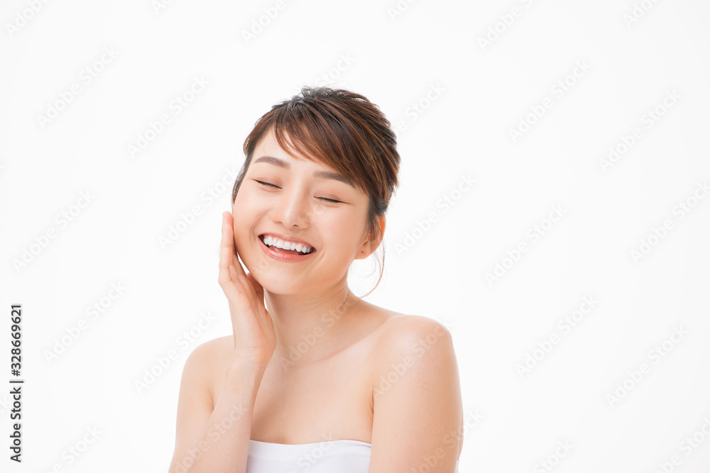 Closeup portrait of attractive asian woman with fair perfect healthy glow skin isolated on white, Closeup portrait of attractive asian woman with fair perfect healthy glow skin isolated on white,