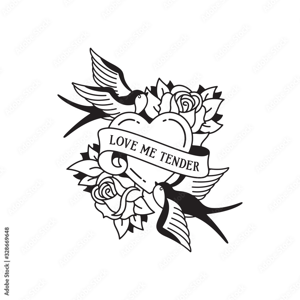 Old school tattoo emblem label with swallow rose heart symbols and wording love me tender. Traditional tattooing style ink.