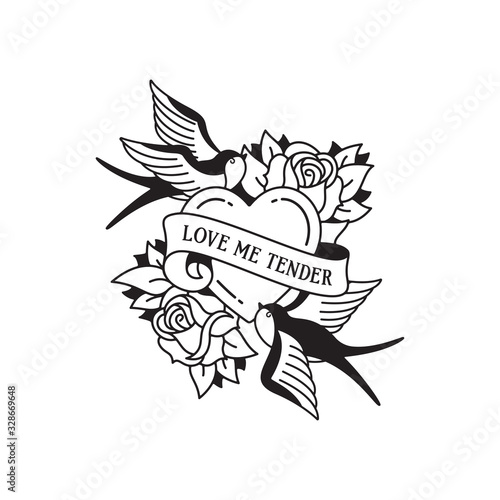 Old school tattoo emblem label with swallow rose heart symbols and wording love me tender. Traditional tattooing style ink.