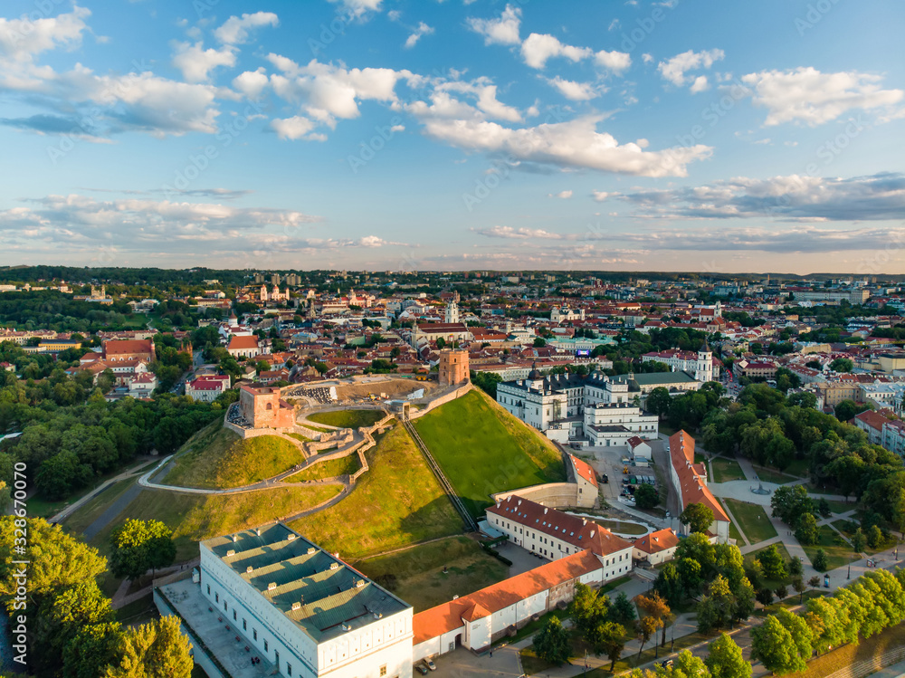 Aerial view of Vilnius Old Town, one of the largest surviving medieval old towns in Northern Europe. Summer landscape of UNESCO-inscribed Old Town of Vilnius.