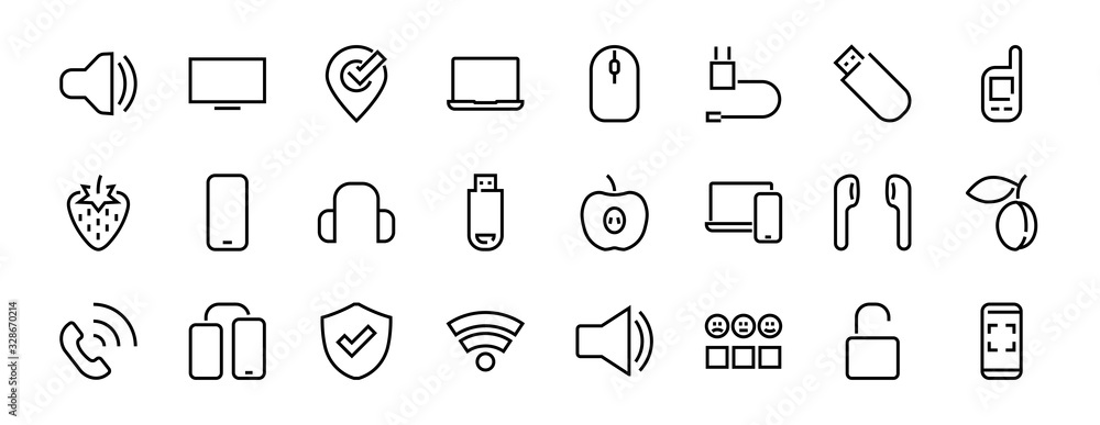 A set of smart devices and gadgets, computer hardware and electronics. Electronic devices icons for web and mobile vector lines. computer, telephone. Editable stroke. 48x48 pixels A set of smart devices and gadgets, computer hardware and electronics. Electronic devices icons for web and mobile vector lines. computer, telephone. Editable stroke. 48x48 pixels