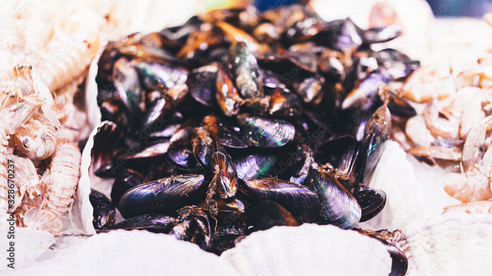 mussels on supermarket, sea food market, fresh seafood, shellfish