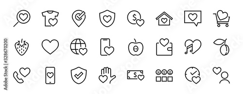 The set of icons about love contains such icons as love of music, declaration of love, heart, favorite home, Linear set. Vector on a white background. Editable stroke. 480x480