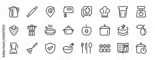 Set of icons for cooking and kitchen, vector lines, contains icons such as a knife, saucepan, boiling time, mixer, scales, recipe book. Editable stroke, perfect 480x480 pixels, white background