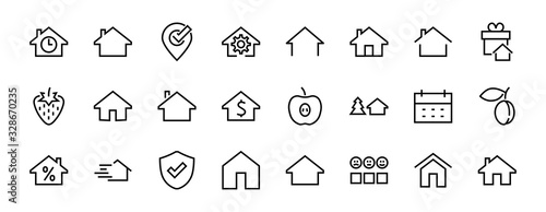 Simple set of line vector home icons. Contains house symbols at interest, infuse house and more. Editable stroke. 480x480 pixels perfect
