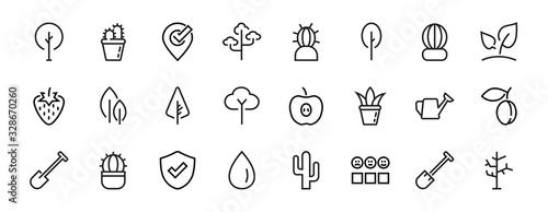 A set of Rosteniya Icons, and garden care, Vector illustration, Contains Icons such as tree, cactus, watering can, spade, flower and much more. on a white background, editable bar 480x480