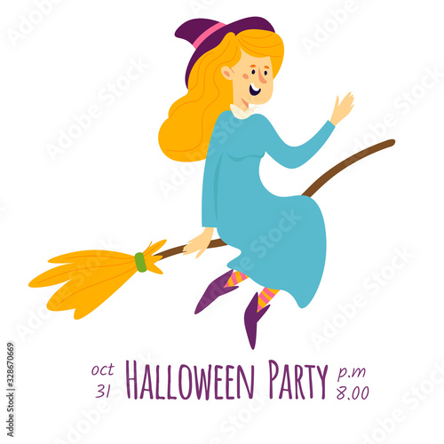 Halloween vector card, postcard, poster, invitation, flyer with people in different carnival costumes having fun in cartoon style isolated on white background.