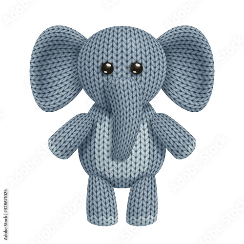 Illustration of a funny knitted elephant toy. On white background