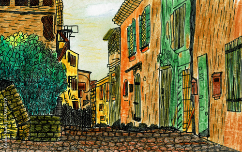 Fototapeta Naklejka Na Ścianę i Meble -  Historical Alley in France, Hand Drawn Illustration