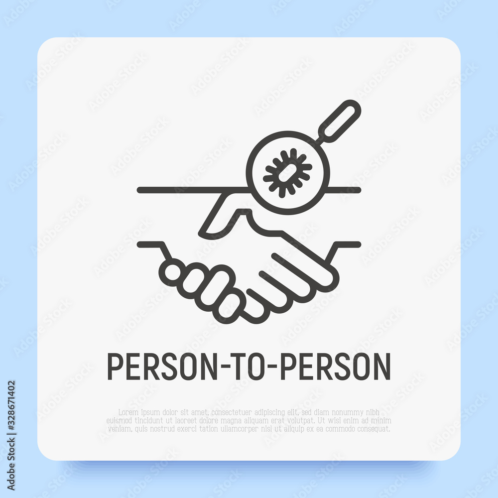 Spread of virus by handshake, contact by hands. Microbe on hand under magnifier. Person to person. Modern vector illustration.