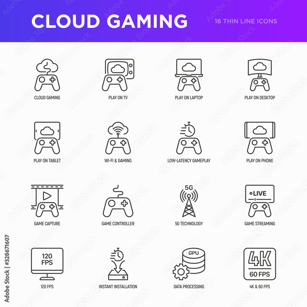 Cloud gaming thin line icons set: play on laptop, 120 FPS, low-latency gameplay, gamepad, wi-fi, instant installation, live streaming, game controller, 5G technology. Vector illustration.