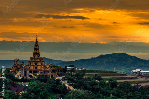 Natural background,high angle that overlooks blurred scenery from fog, rain that flows through,sees Buddha images,temples,mountains,is a viewpoint while traveling in Phetchabun,Khao Kho,Thailand