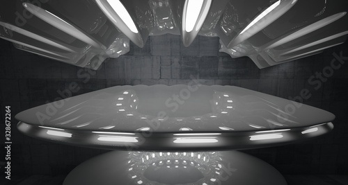 Architectural background. Abstract concrete interior with smooth glossy white discs. Neon lighting. 3D illustration and rendering.