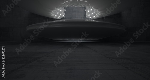 Architectural background. Abstract concrete interior with smooth glossy white discs. Neon lighting. 3D illustration and rendering.