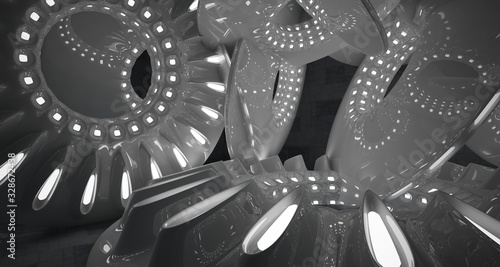 Architectural background. Abstract concrete interior with smooth glossy white discs. Neon lighting. 3D illustration and rendering.