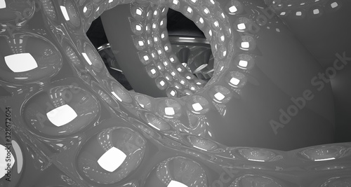 Architectural background. Abstract concrete interior with smooth glossy white discs. Neon lighting. 3D illustration and rendering.