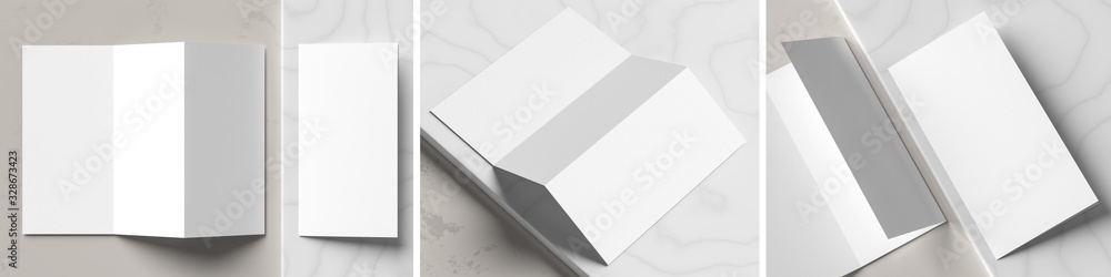 Trifold brochure mock up isolated on white marble background. Trifold brochure mock up rendered with three different variations. 3D illustration. Trifold brochure mock up isolated on white marble background. Trifold brochure mock up rendered with three different variations. 3D illustration.